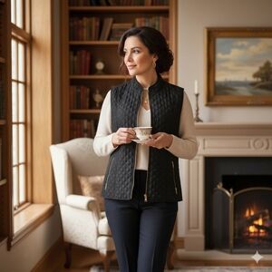 New Directions Black Quilted Vest with Gold Accents